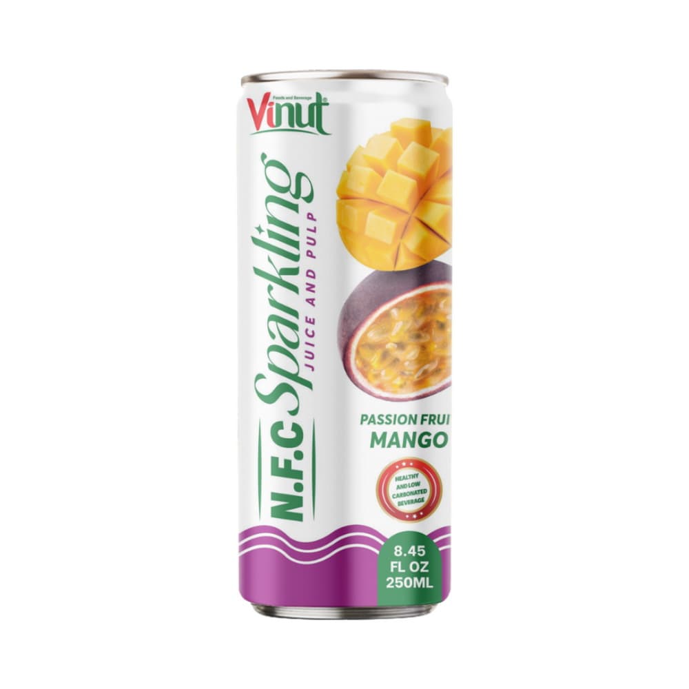 VINUT Jus Berkarbonasi N.F.C Markisa Mangga dengan Bulir, Kaleng Ramping 8.45 fl oz 250 mL