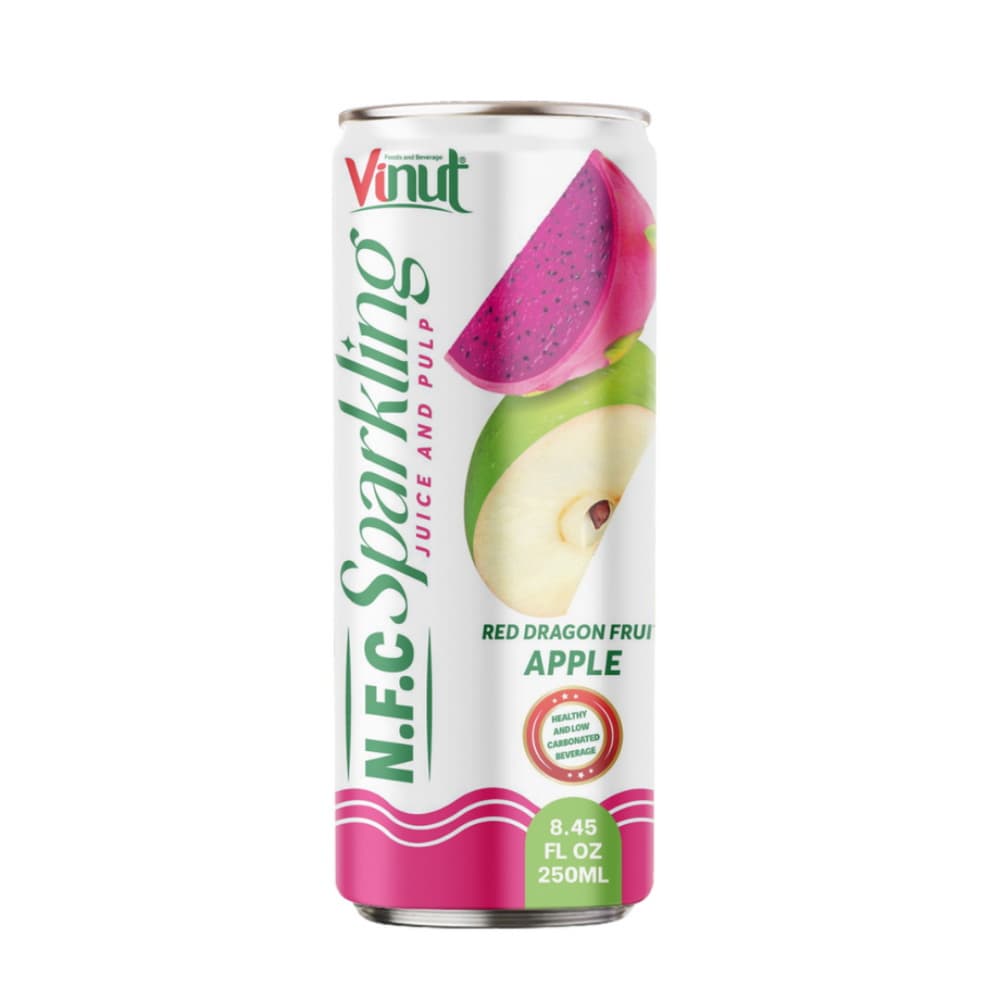 VINUT Jus Berkarbonasi N.F.C Buah Naga Merah Apel dengan Bulir, Kaleng Ramping 8.45 fl oz 250 mL